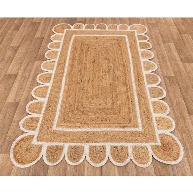 5'x8' White Trim Jute Scallop Braided Handmade Rug For Sale - Image 4 of 10