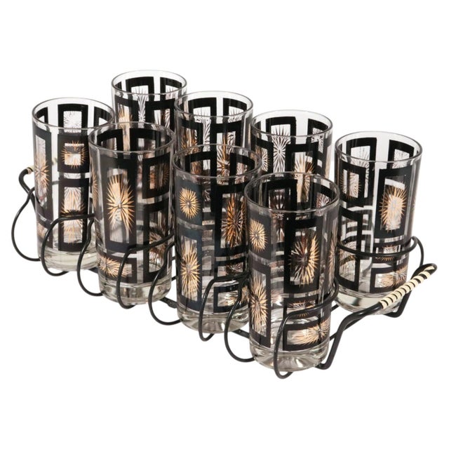 1950s Mid-Century Modern Black and Gold Atomic Starburst Highball Glasses in Holder, Set of Eight - 9 pcs For Sale - Image 14 of 17