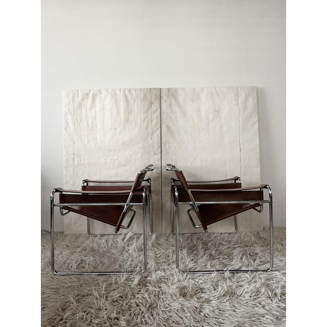 Wassily B3 Armchairs in Cognac Leather by Marcel Breuer, 1980s, Set of 2 For Sale - Image 4 of 14