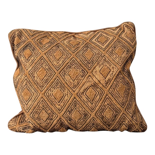 Authentic Vintage Cloth Pillow — Mid-Century African Raffia Textile Diamond Pattern With Suede Back For Sale