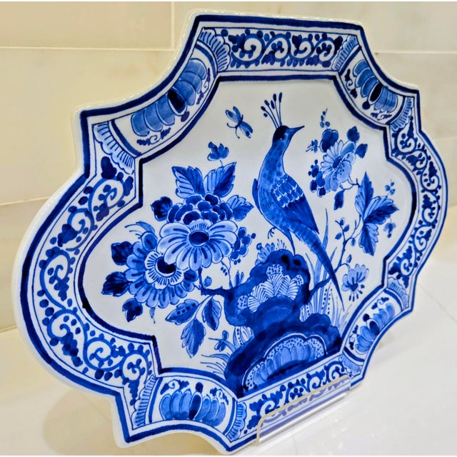 1960s Vintage Royal Delft Blue & White Bird & Floral Wall Plaque, Porceleyne Fles Hand-Painted Dutch Faience Charger Plate For Sale - Image 5 of 9