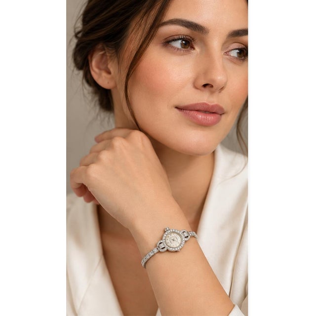 Modern Vintage Gübelin 14k White Gold Classic Diamond Cocktail Watch For Sale - Image 3 of 6