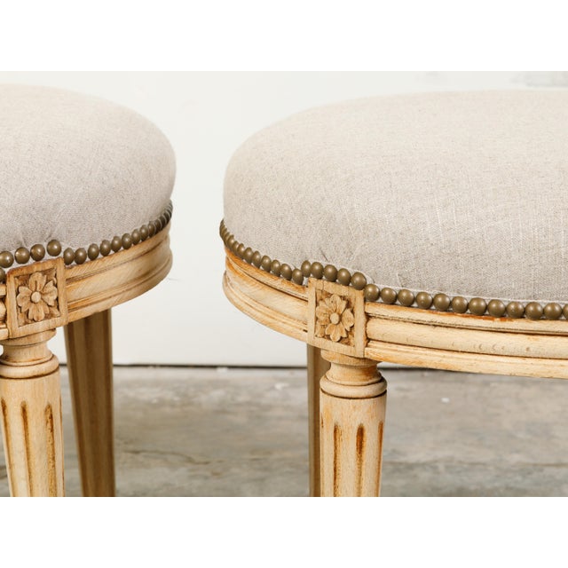 Pair of French Neoclassical Style Bleached Wood Stools with New Upholstery For Sale - Image 9 of 10