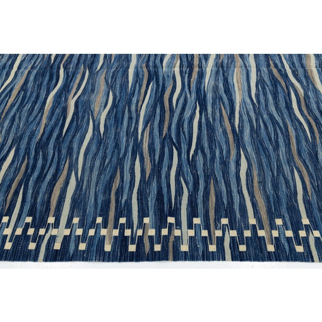 Textile Contemporary Handmade Oceanic Blue Wave Kilim Wool Area Rug Luxury Flat-Weave For Sale - Image 7 of 12