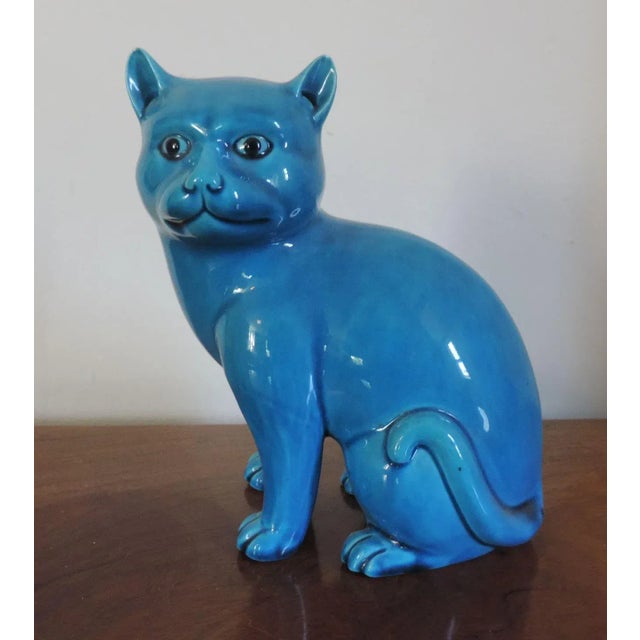 19th Century Chinese Export Porcelain Monochrome Turquoise Glazed Model of a Cat For Sale - Image 4 of 11