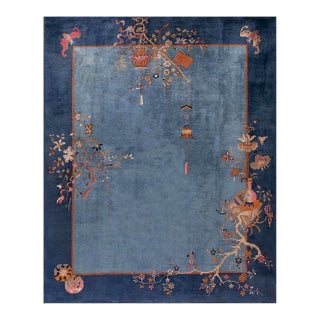 1920s Cornflowers Blue Minimalist Floral Antique Chinese Art Deco Carpet 8' X 9'9" Knotted Wool Rug For Sale
