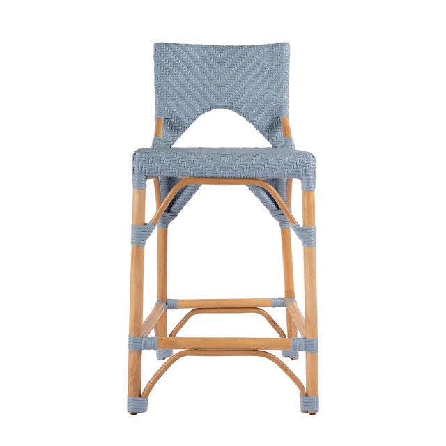 2020s Creanly 25.25 in. Seat Height Rectangular Rattan Counter Stool with Back, Baby Blue/ Natural Rattan Frame For Sale - Image 5 of 9