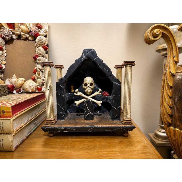 1950s An Unusual Memento Mori Handcarved and Painted Shrine With Skull and Bones For Sale - Image 5 of 10