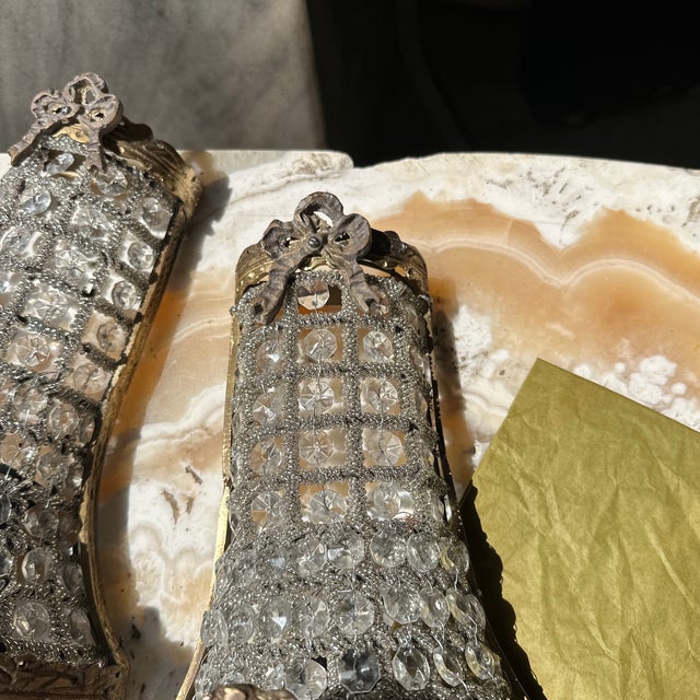 Vintage Gold Metal and Crystal Small Basket Style Wall Sconces - a Pair For Sale In Atlanta - Image 6 of 6