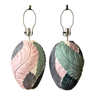 A Pair of Vintage Coastal-Style Banana Leaves Plaster Table Lamps. Circa 1980s. For Sale