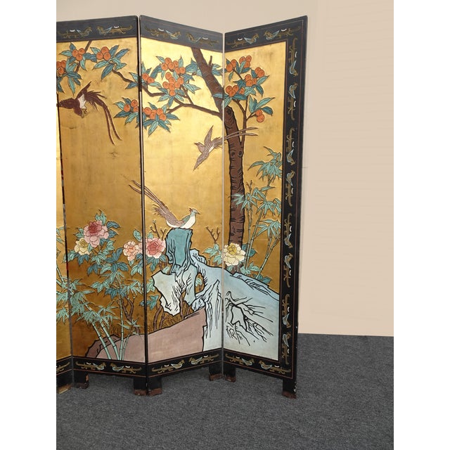 Vintage Oriental Asian Gold Four Panel Screen Room Divider Coromandel W Birds For Sale - Image 4 of 12