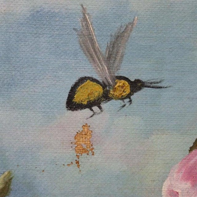 Antique Oil On Canvas Floral Painting Of Garden Hollyhocks With Hummingbird Bees, Unsigned, Framed, C1900 Measures -...