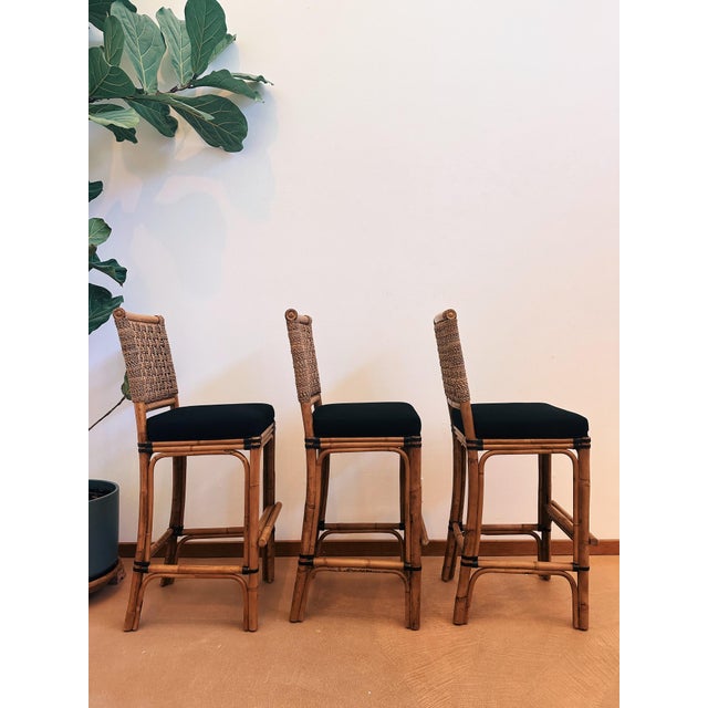 Coastal Late 20th Century Palecek Rattan + Woven Seagrass Stools - Set of 3 For Sale - Image 3 of 9
