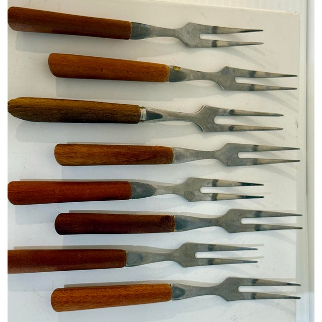 Mid 20th Century Vintage Japanese Mid-Century Stainless & Wood Cocktail Forks — Set of 9 For Sale - Image 5 of 11