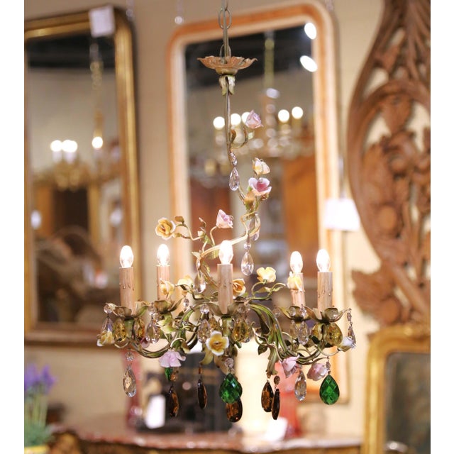 French Early 20th Century French Floral Porcelain and Crystal Five-Light Chandelier For Sale - Image 3 of 9