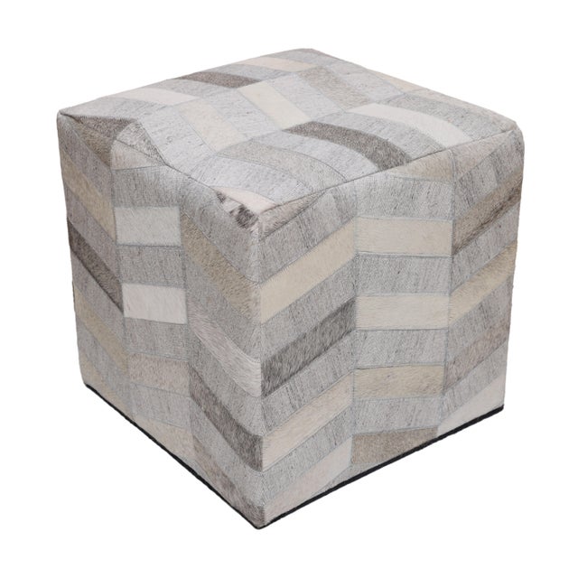 Handmade Patchwork Cowhide Leather Cube Ottoman Pouf 18x18x18 in Neutral For Sale - Image 9 of 9