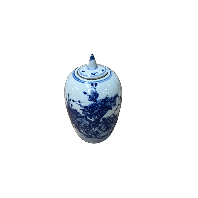 Asian Oriental Flowers Graphic Blue White Point Lid Oval Porcelain Jar For Sale - Image 3 of 8