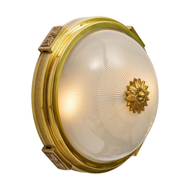 1940s Art Deco Period French Ceiling Mounts, Brass and Etched Glass For Sale - Image 5 of 9