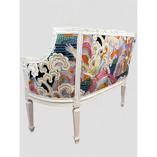 Antique White Louis XV Style Chair Vintage Newly Upholstered Crane For Sale - Image 8 of 18