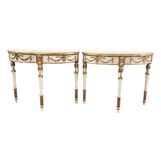 Antique Louis XVI Style Giltwood Handpainted Demi-Lune Console Tables - A Pair For Sale