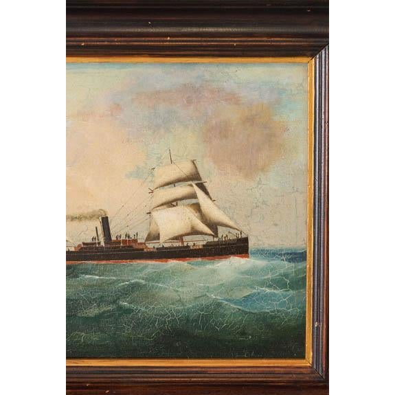 19th Century Antique Oil on Canvas British Steamship Painting in Oak Frame For Sale - Image 5 of 9