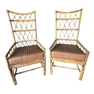 Vintage Palecek High Back Arm Chairs With Leather Seats, a Pair For Sale