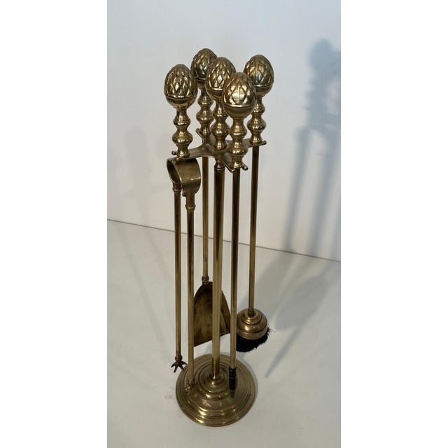 Metal 1970s Neoclassical Style Brass Pineapple Fireplace Tools in the Style of Maison Baguès - 5 Piece Set For Sale - Image 7 of 12