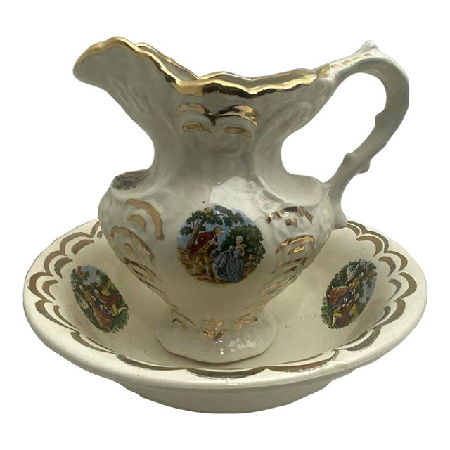 Vintage Victorian Style Ceramic Pitcher & Wash Basin Set – Courting Couple Motif, Gold Gilt For Sale