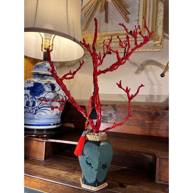 Chinoiserie Chic Decorative Faux Red Coral Branch in Handpainted & Gilded Green Vase For Sale In Palm Springs - Image 6 of 16