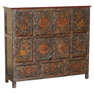 Antique Tibetan Chinese Deer & Flower Polychrome Painted Altar Sideboard For Sale