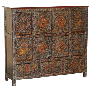 Antique Tibetan Chinese Deer & Flower Polychrome Painted Altar Sideboard