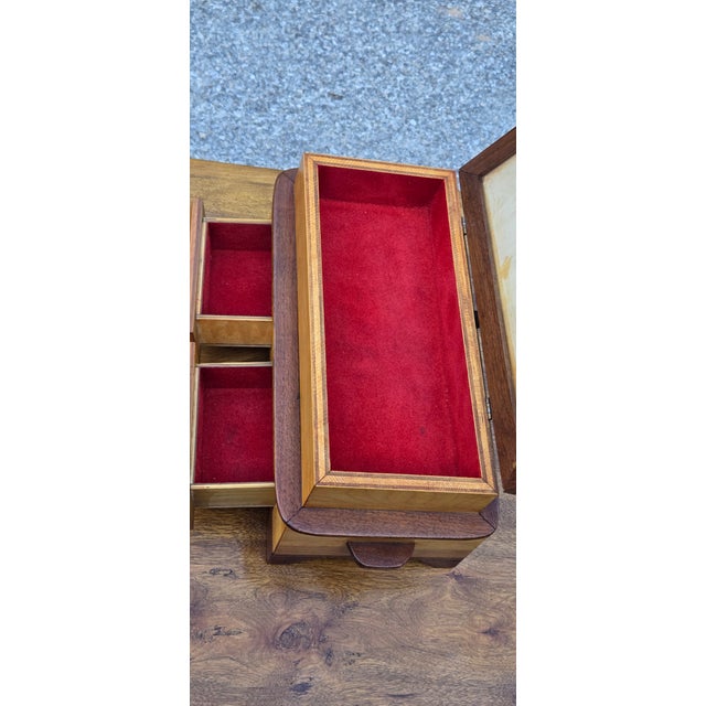 Vintage Mid-Century Modern Walnut Jewelry Box With Red Velvet Lined Compartments & Glass Lid For Sale - Image 6 of 7
