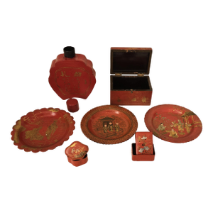 Late 19th Century Collection of Antique Chinese Red Lacquer Trays, Dishes, Boxes and Tea Caddy