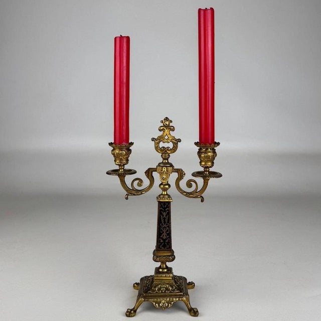 19th Century Antique French Brass and Ebony 2-Light Candelabras, Set of 2 For Sale - Image 4 of 10