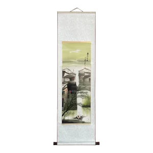 Chinese Color Ink Waterside Village Scroll Painting Wall Art
