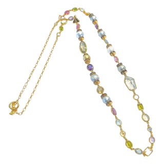 Bochic "Capri" Vintage Pearl, Sapphire, Ruby Necklace 18K Gold & Silver For Sale