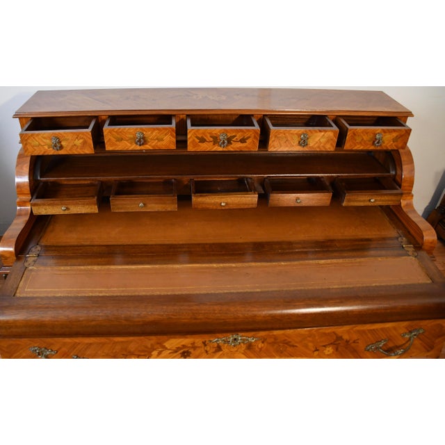 1930s French Louis XV Satinwood Floral Inlay Cylinder Secretary Writing Desk For Sale - Image 10 of 18