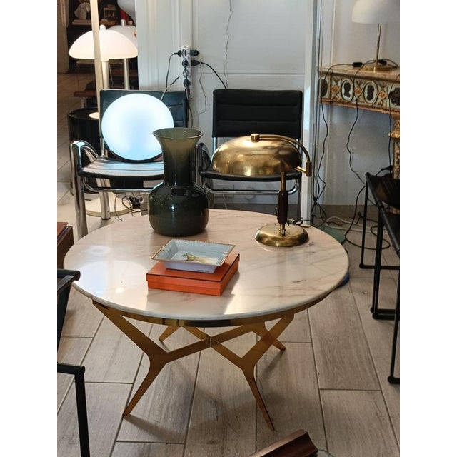Metal Round Coffee Table with Brass Base and Pink Marble Top, Italy, 1960s For Sale - Image 7 of 8