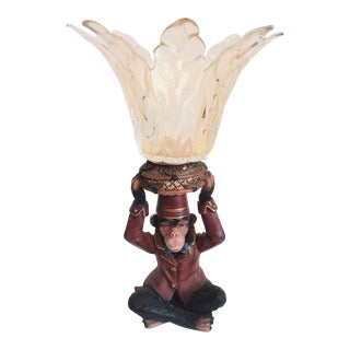 Vintage Whimsical Monkey Regency Leafy Glass Top Pillar Candle Holder For Sale