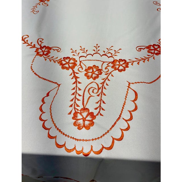 1950s Vintage Embroidered Tablecloth – Orange Floral Beige Scalloped Edges 93"x59" For Sale - Image 5 of 10