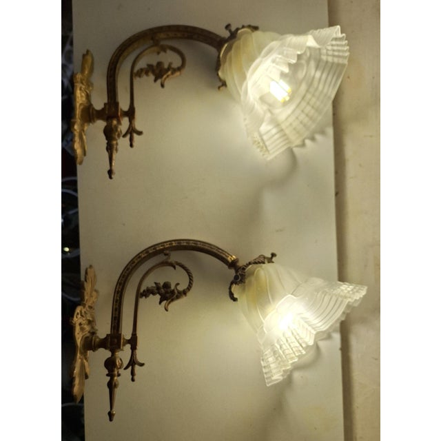 Antique German Wall Lamps with Brass Frame and Glass Shade, 1890s, Set of 2 For Sale - Image 3 of 10