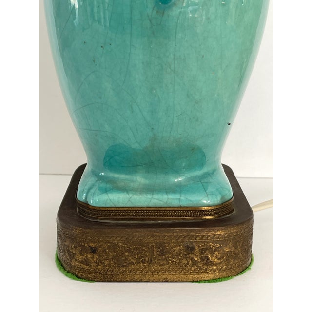Ceramic 1930s Chinese Art Deco Turquoise Craquelure Porcelain Vase Lamp For Sale - Image 7 of 11