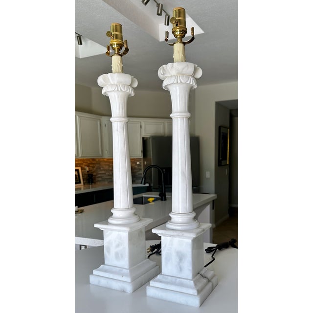 Italian 1960s Tall Italian Column Neoclassic Alabaster Table Lamps - a Pair For Sale - Image 3 of 18