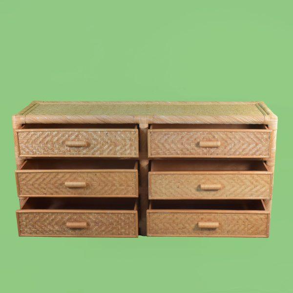 Woven Rattan and Pencil Reed Dresser in nice as found vintage condition. There are scuffs, scrapes and wear to the natural...