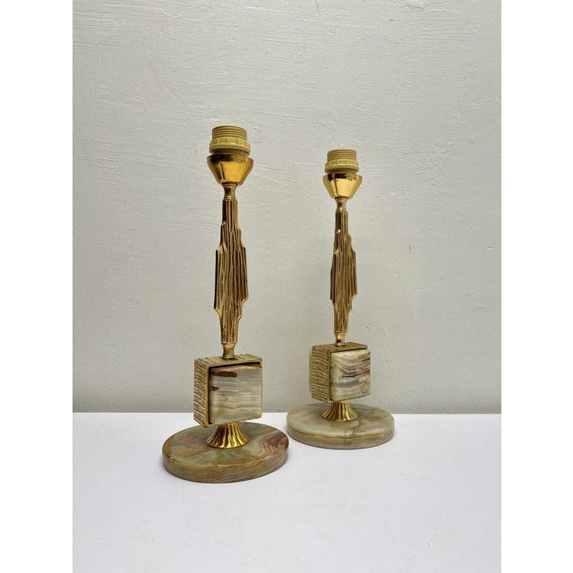 Brass and Onyx Table Lamps in the style of Maison Jansen, 1970s, Set of 2 For Sale - Image 13 of 14
