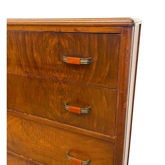 1970s 1970s Vintage Art Deco Highboy Dresser With Waterfall Front and Bakelite Style Handles For Sale - Image 5 of 11