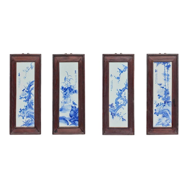 Chinese Blue White Porcelain Flower Birds Scenery Wall Panel Set For Sale