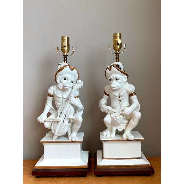 Vintage Italian Glazed Ceramic Monkey Musician Lamps - A Pair For Sale - Image 9 of 12