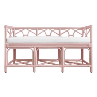 Feguson Pink Rattan Linen Cushioned Bench For Sale