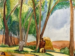 Vintage Original Watercolor "The Artist en Plein Air" Unsigned Circa 1960